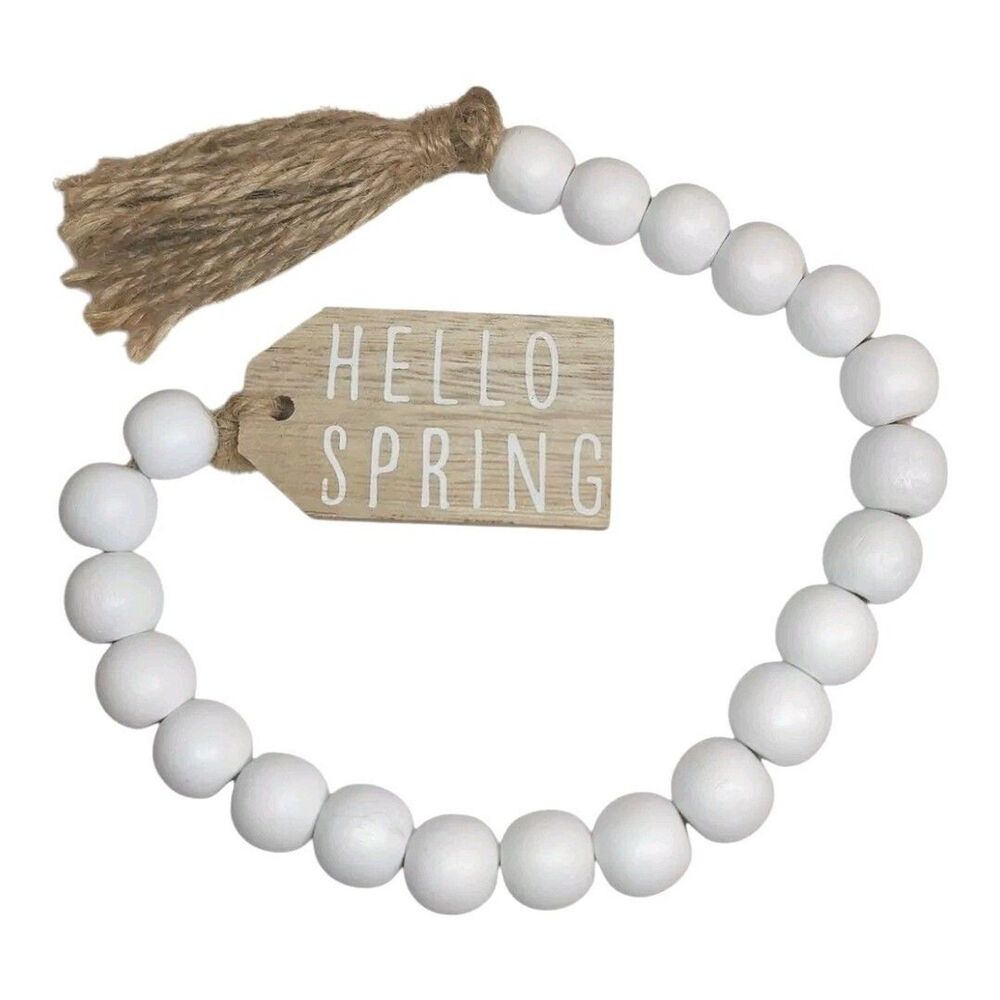 Hello Spring Woodland Cottage Hanging Mini Bead Tabletop Decor White Tan 17" New